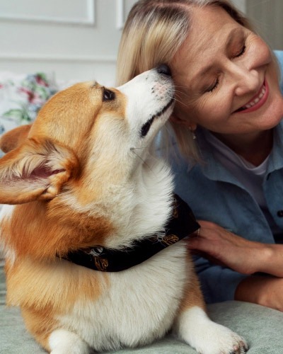 Senior woman receiving a forehead kiss from her Corgi for veterinary service pricing